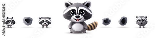 A silly raccoon emoji vector with a funny face depicted in various shapes isolated on a bright white backdrop