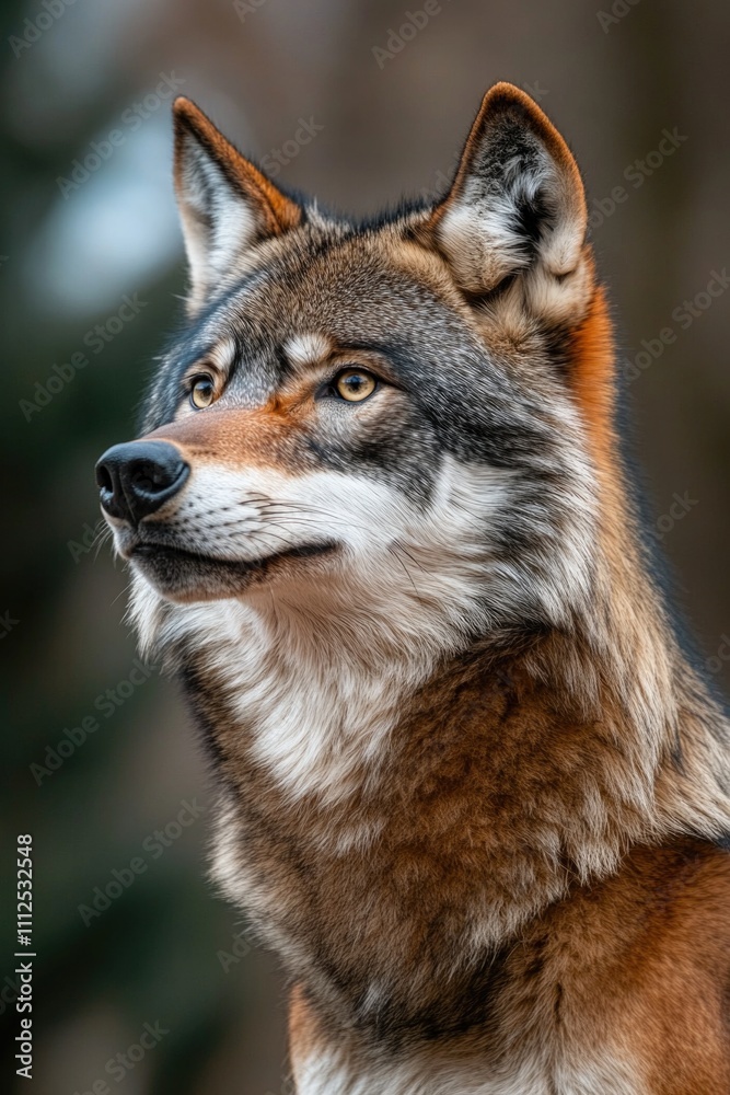 Fototapeta premium Close-up of a wolf's face with trees in the background