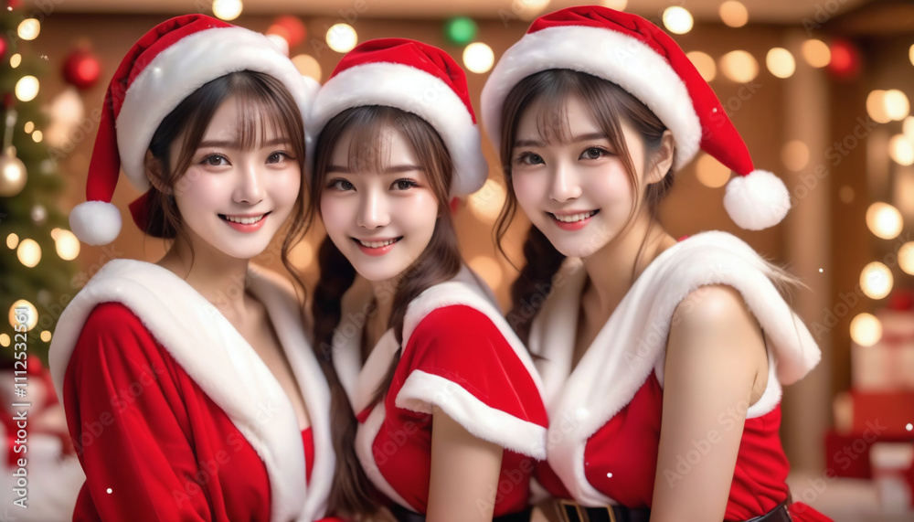 Fototapeta premium Portrait of a beautiful young woman in Santa Claus clothes. Christmas decoration background. Christmas image. Card design. サンタクロースの服を着た美しい若い女性のポートレート。クリスマスの装飾の背景。クリスマスのイメージ。カードデザイン。