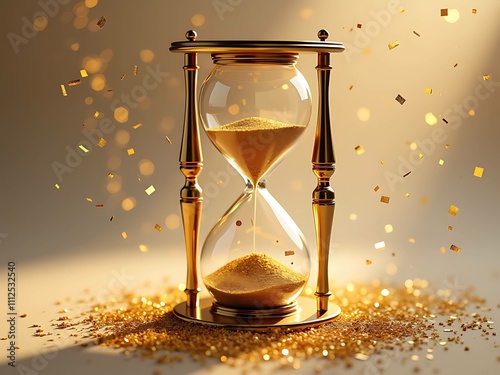 An elegant hourglass with golden sand surrounded by confetti background. 