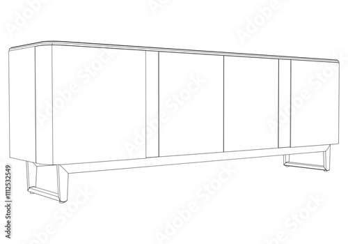 Hand drawn silhouette of mid century dresser. Modern furniture outline drawing. Line art cupboard for trendy interior design. Sketch commode on legs. Vector illustration