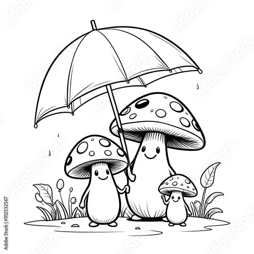 Adorable mushrooms with smiling faces and tiny limbs and one holds tiny umbrella for coloring book pages. 