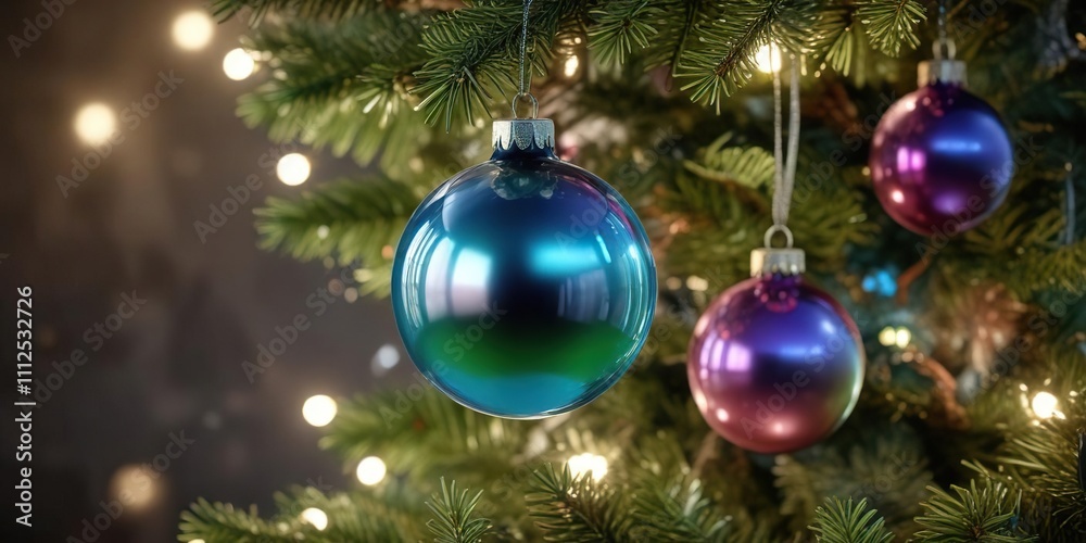Iridescent glass ornaments on a Christmas tree, decorated, festive, iridescent glass Iridescent glass ornaments on a Christmas tree, decorated, festive, iridescent glass