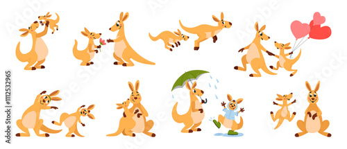Baby kangaroo with mother. Australian funny wild animals characters. Children kangaroo smiling kissing mom jumping. Motherhood in wildlife classy vector set