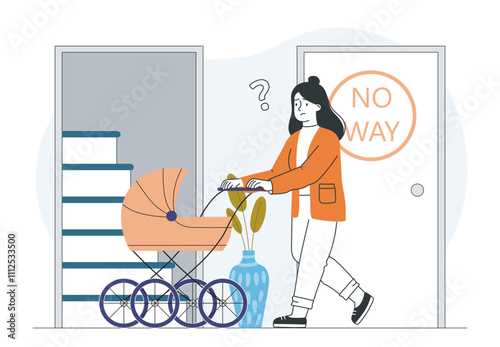Obstacles for woman with child. Mother with baby stroller near chair. No way for mom with baby. Poor infrastructure in building. Linear vector illustration