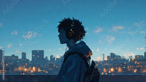 Silhouette of a Young Anime Teenage Boy Listening to Music at Sunset