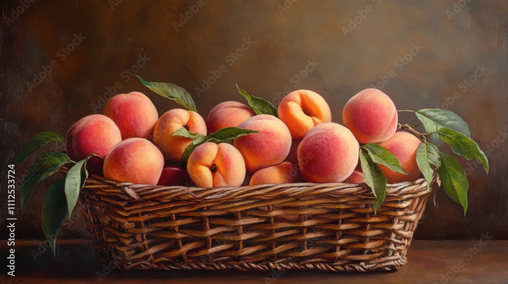 Fresh and Juicy Peaches in a Rustic Basket on a Wooden Surface Fresh and Juicy Peaches in a Rustic Basket on a Wooden Surface