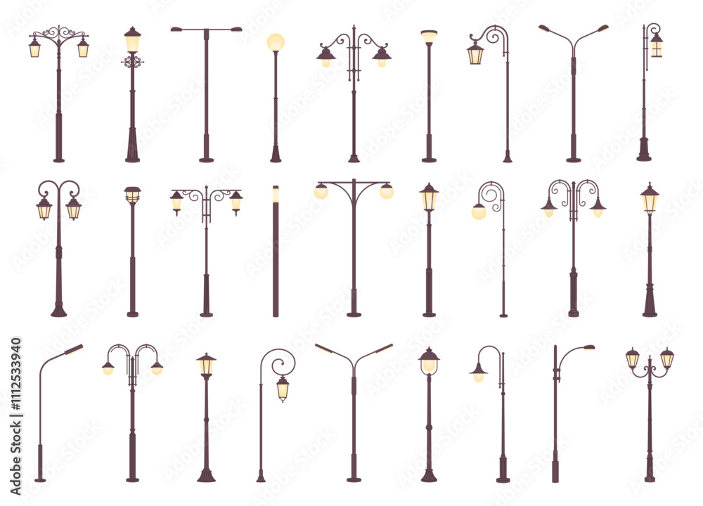 Urban street lamps. Outdoor urban lights elements, retro modern light for city or town sidewalk. Decorative lightning landscape, racy vector collection