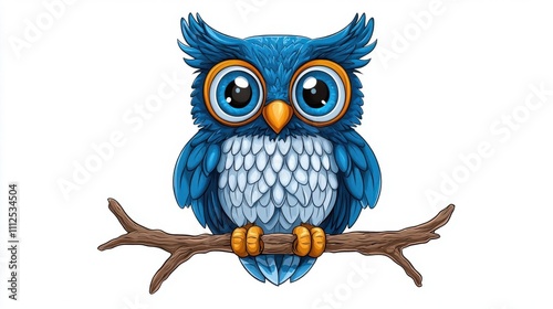 Cute cartoon illustration of a magical snow owl with big shiny eyes perched on a branch, isolated white background.