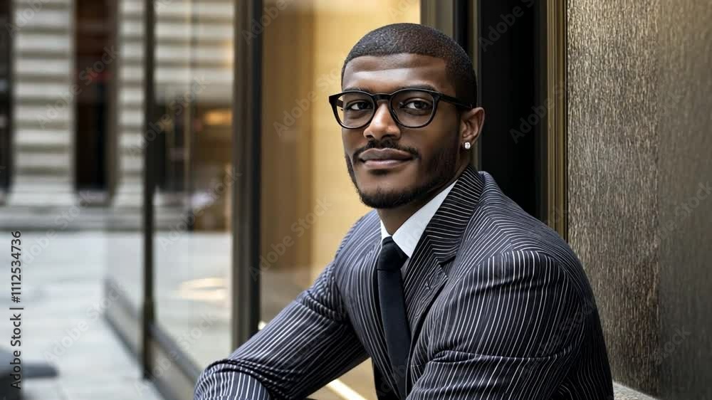 A dashing Black man with spectacles and short hair is seated in front of a shop window outside a high-end clothing store. A dashing Black man with spectacles and short hair is seated in front of a shop window outside a high-end clothing store.