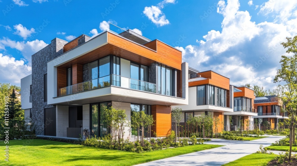 Modern homes with large windows and green landscaping. Modern homes with large windows and green landscaping.