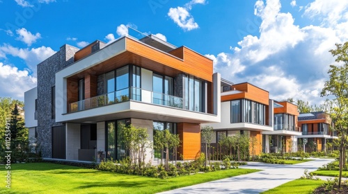 Modern homes with large windows and green landscaping.