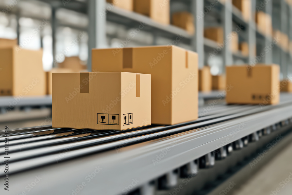 Neatly stacked packages on conveyor belt in warehouse setting, showcasing efficient logistics and organization Neatly stacked packages on conveyor belt in warehouse setting, showcasing efficient logistics and organization