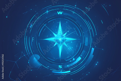 A digital compass design featuring a glowing blue star and directional indicators.