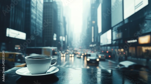 Coffee break on a busy city street, with skyscrapers and traffic in the background