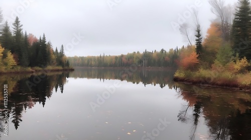 Autumnal Reflections In A Misty Lake Scene