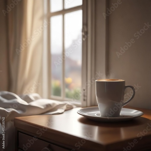 Morning light shining through the window and illuminating a coffee cup on a bedside table, relaxation, tranquility