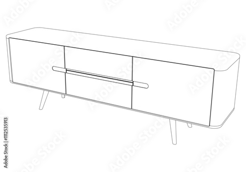 Hand drawn silhouette of mid century dresser. Modern furniture outline drawing. Line art cupboard for trendy interior design. Sketch commode on legs. Vector illustration