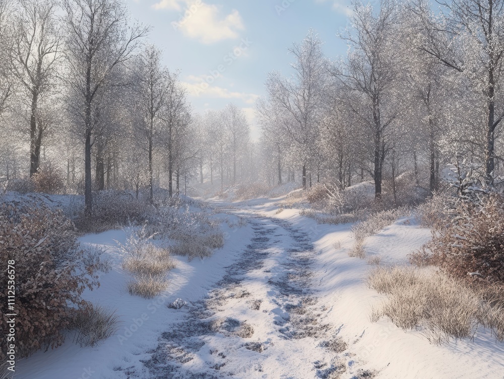 A serene winter landscape with a snowy path through a frosty forest. A serene winter landscape with a snowy path through a frosty forest.