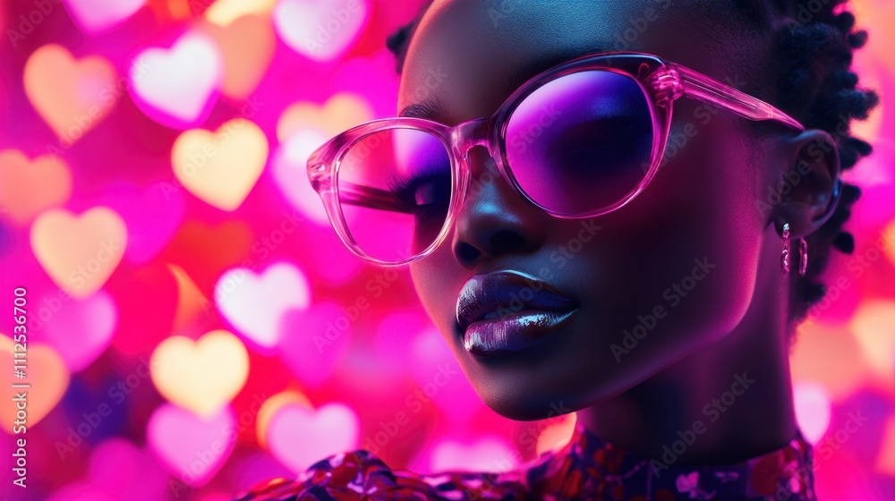 Close-up of an African girl in chic sunglasses, against a vibrant Valentine's heart-themed background, radiant and stylish Close-up of an African girl in chic sunglasses, against a vibrant Valentine's heart-themed background, radiant and stylish