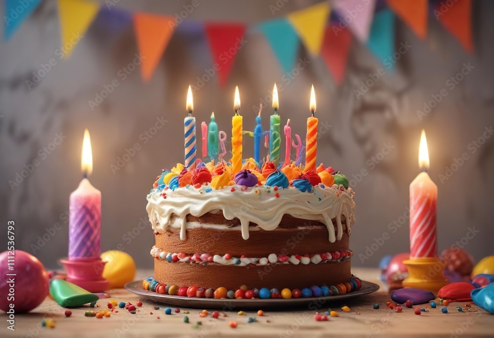 Colorful birthday cake with candles and banner, chocolate, dessert, sweet Colorful birthday cake with candles and banner, chocolate, dessert, sweet