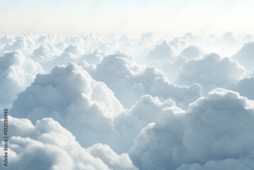 Fototapeta premium A plane flies through a cloudy sky with fluffy white clouds and blue atmosphere