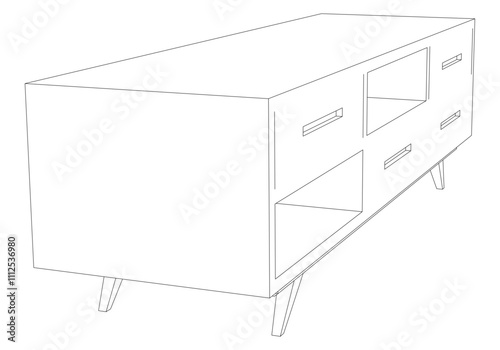 Hand drawn silhouette of mid century dresser. Modern furniture outline drawing. Line art cupboard for trendy interior design. Sketch commode on legs. Vector illustration