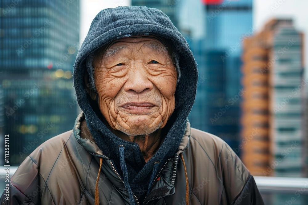 Portrait of a happy asian elderly 100 years old man wearing a zip-up fleece hoodie on vibrant city skyline Portrait of a happy asian elderly 100 years old man wearing a zip-up fleece hoodie on vibrant city skyline