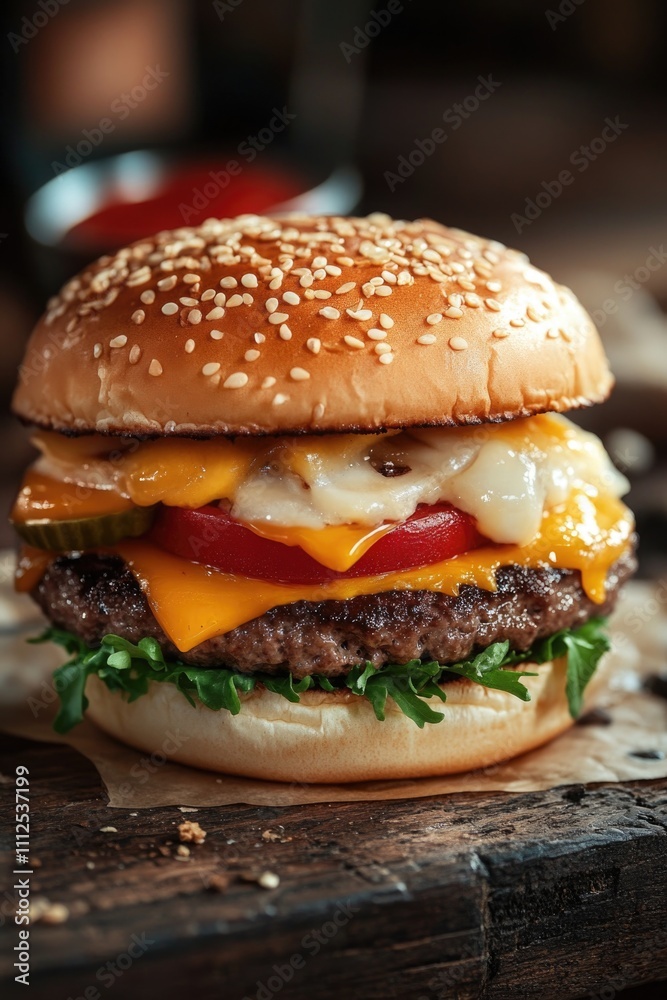 A classic sandwich with fresh lettuce, juicy tomato, and melted cheese on a bun A classic sandwich with fresh lettuce, juicy tomato, and melted cheese on a bun