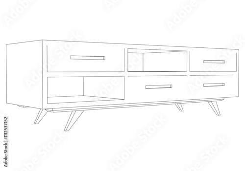 Hand drawn silhouette of mid century dresser. Modern furniture outline drawing. Line art cupboard for trendy interior design. Sketch commode on legs. Vector illustration