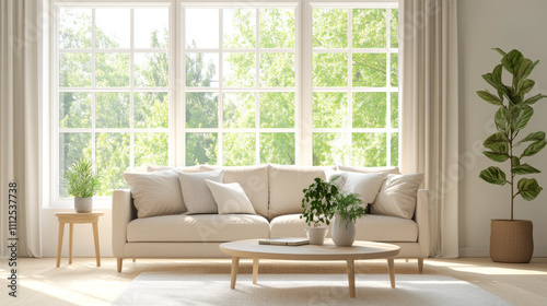 Minimalist living room with a soft beige sofa, a simple round coffee table, and large, airy windows illuminating the space