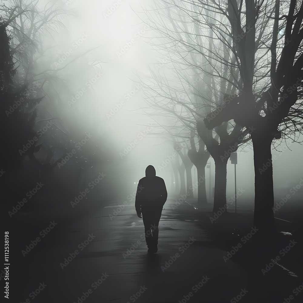 Hooded Figure Walking on Foggy Tree-Lined Path Hooded Figure Walking on Foggy Tree-Lined Path