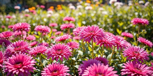 Pink chrysanthemum flowers in a sunny garden bed, bright flowers, garden flowers, flower photography