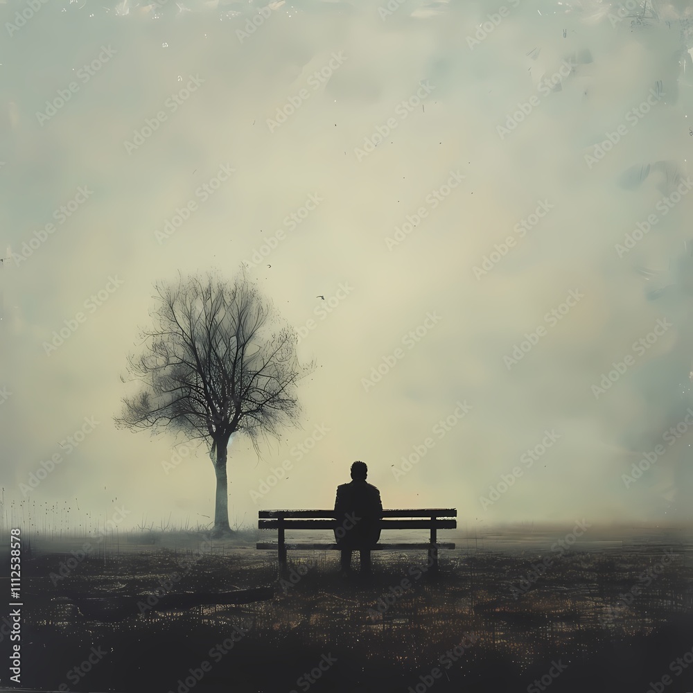 Man Sitting on Bench in Foggy Field Man Sitting on Bench in Foggy Field