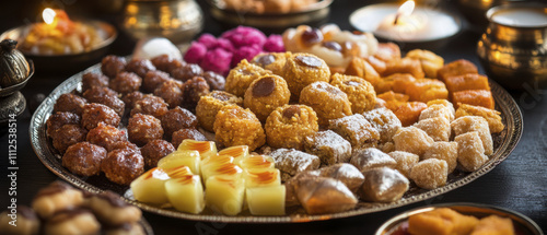 Delicious Diwali sweets including ladoos, barfis, and jale, beautifully arranged on decorative platter, evoke festive joy and celebration photo