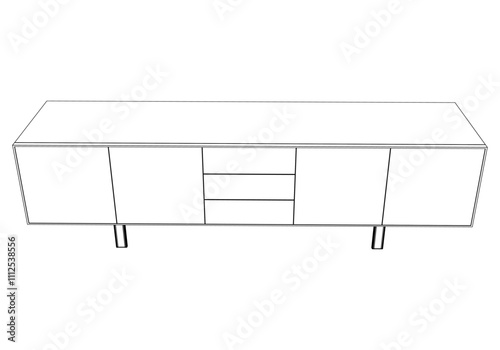 Hand drawn silhouette of mid century dresser. Modern furniture outline drawing. Line art cupboard for trendy interior design. Sketch commode on legs. Vector illustration