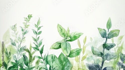 Wallpaper Mural Delicate watercolor depiction of herbs like basil, thyme, and rosemary, artistic and clean white backdrop Torontodigital.ca
