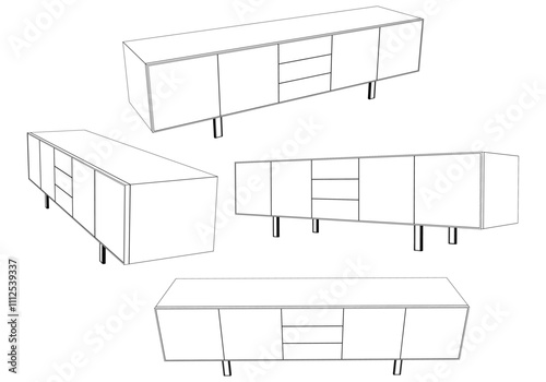Hand drawn silhouette of mid century dresser. Modern furniture outline drawing. Line art cupboard for trendy interior design. Sketch commode on legs. Vector illustration