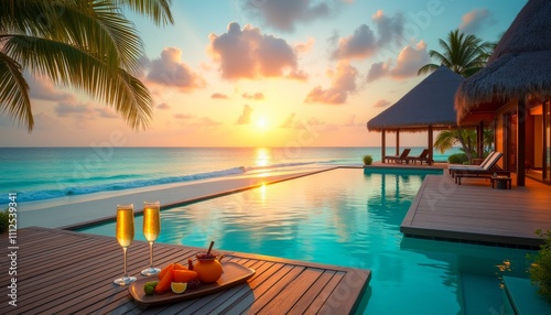 Tropical paradise with a stunning sunset view over an infinity pool, featuring two champagne glasses and fresh fruit, surrounded by palm thatched huts.