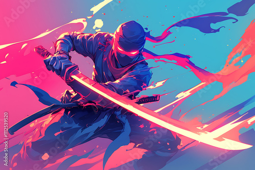 A dynamic ninja wielding a glowing sword amidst vibrant splashes of color. photo