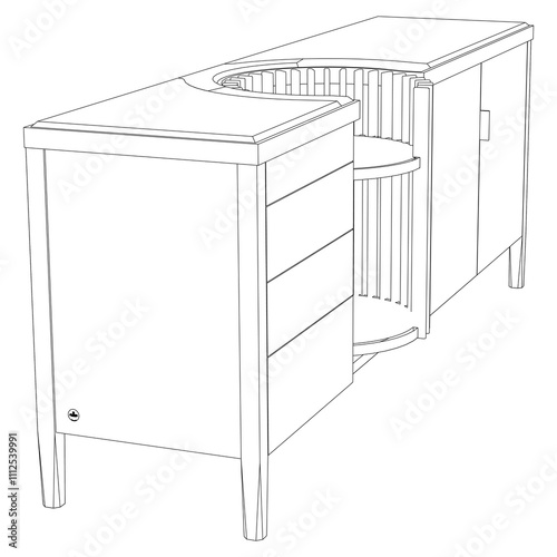 Hand drawn silhouette of mid century dresser. Modern furniture outline drawing. Line art cupboard for trendy interior design. Sketch commode on legs. Vector illustration