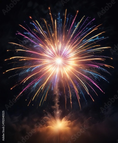 Colorful firework overlay on night sky background, celebration, festive