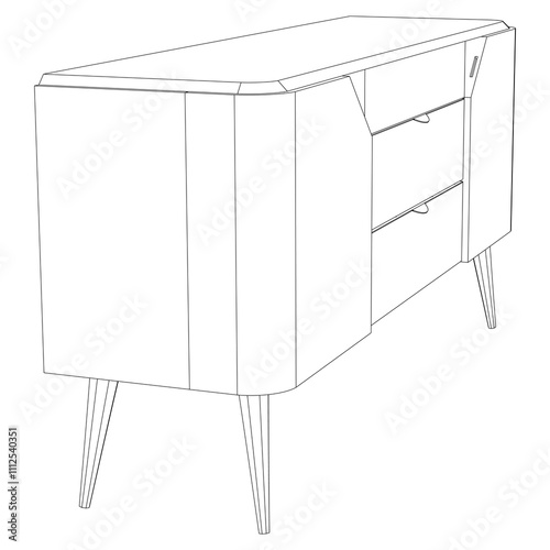 Hand drawn silhouette of mid century dresser. Modern furniture outline drawing. Line art cupboard for trendy interior design. Sketch commode on legs. Vector illustration