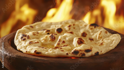 Fresh naan bread cooking in traditional clay tandoor oven, showcasing its golden brown texture and charred spots, evokes warm, inviting atmosphere