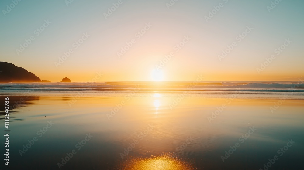 Obraz premium Golden sunset reflecting on calm ocean waves at the beach with distant cliffs and serene atmosphere