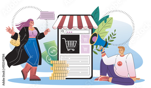 Sale in online store. Man and woman with loudspeaker near golden coins. Shopping on internet, electronic commerce. Discounts and promotions, advertising and marketing. Flat vector illustration