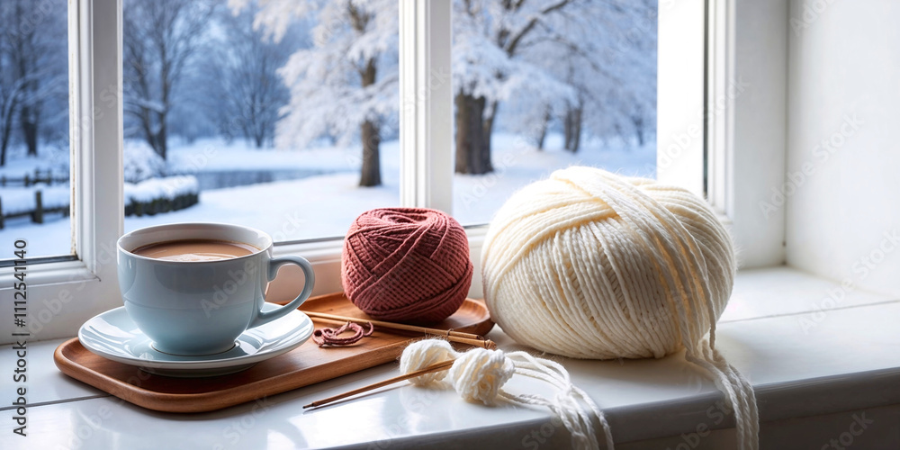 Φωτογραφία cup of hot chocolate and knitting accessories on the wooden window sill