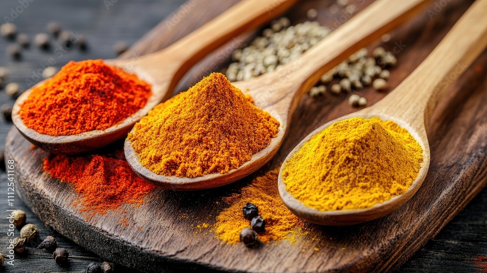 Colorful Spices in Wooden Spoons on Dark Wooden Surface Colorful Spices in Wooden Spoons on Dark Wooden Surface
