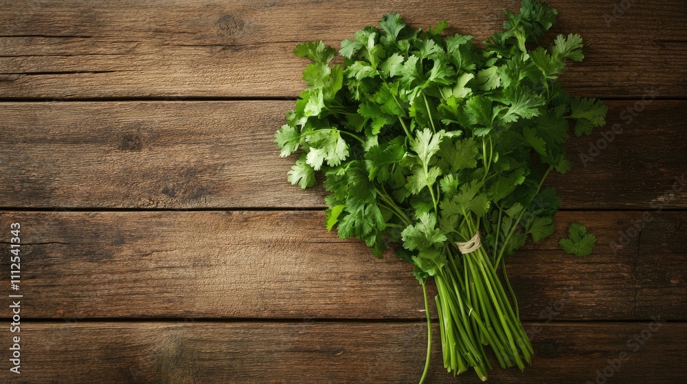 Fresh Green Cilantro Bunch on Rustic Wooden Table Surface Fresh Green Cilantro Bunch on Rustic Wooden Table Surface