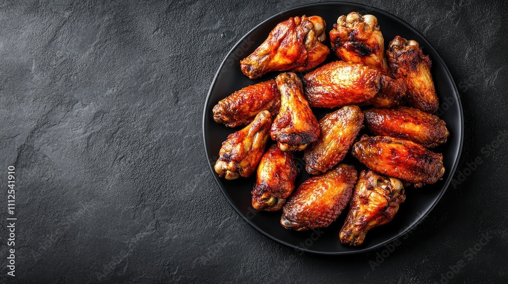 Juicy Grilled Chicken Wings on Black Plate with Dark Background Juicy Grilled Chicken Wings on Black Plate with Dark Background